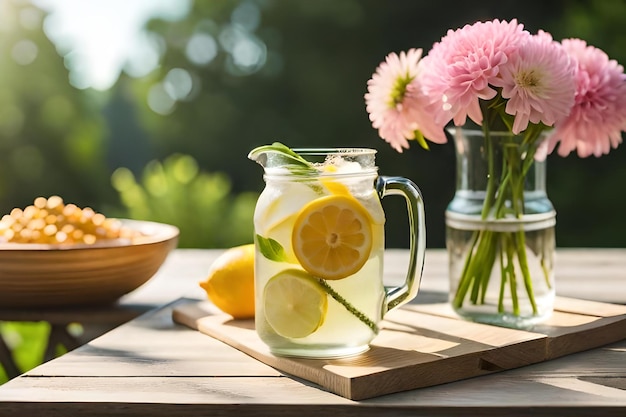 Un frasco de limonada con flores en él