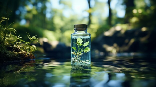 Un frasco lleno de agua y plantas sobre una mesa