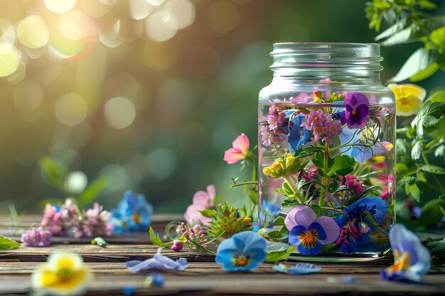 Un frasco lleno de flores sentado en la parte superior de una mesa de madera