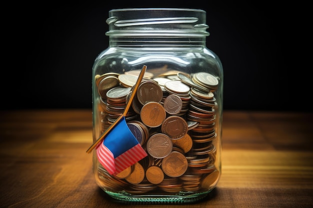 Foto un frasco lleno de monedas con una bandera en la parte superior representa tanto los ahorros financieros como el orgullo patriótico.