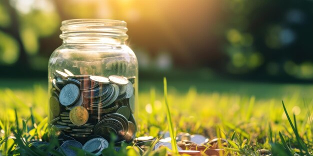 Un frasco lleno de monedas en un campo verde y exuberante