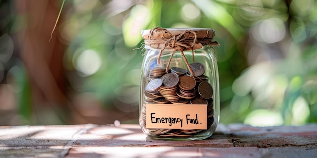 Un frasco lleno de monedas y una etiqueta que dice Fondo de Emergencia