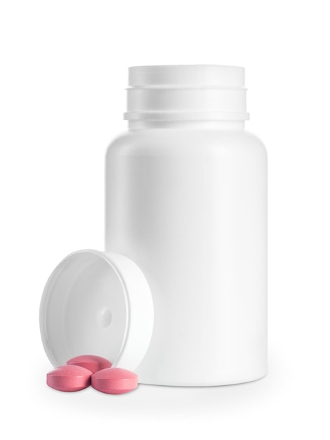 Frasco médico branco em branco com pílulas isoladas no fundo branco, traçado de recorte