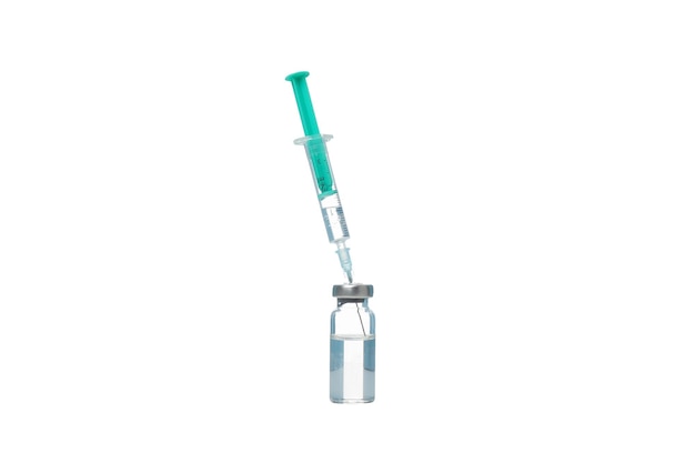 Frasco médico de vidro PNG com líquido e seringa isolados sobre fundo branco