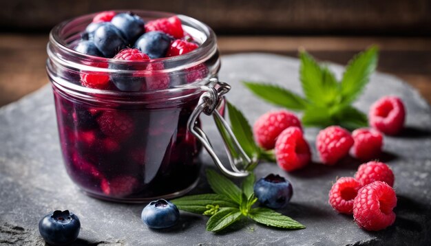 Foto un frasco de mermelada con arándanos y frambuesas en la parte superior