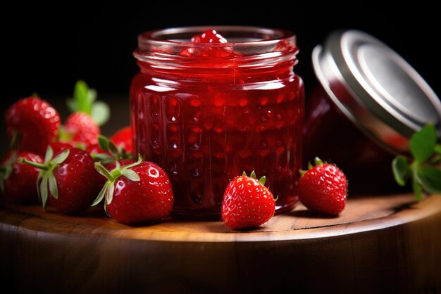 Un frasco de mermelada de fresas casera con fresas en una mesa de madera