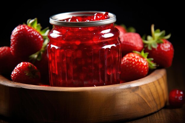 Un frasco de mermelada de fresas casera con fresas en una mesa de madera