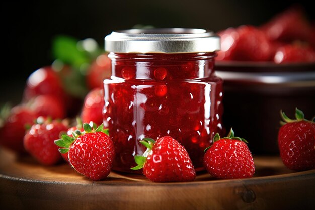 Un frasco de mermelada de fresas casera con fresas en una mesa de madera