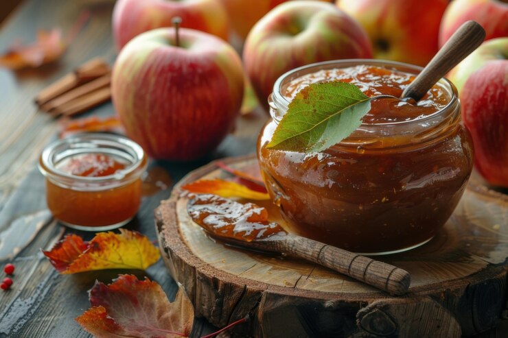 Un frasco de mermelada de manzana casera con manzanas frescas y hojas de otoño que capturan la esencia de los sabores de otoño