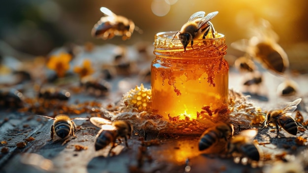 Un frasco de miel con abejas volando alrededor