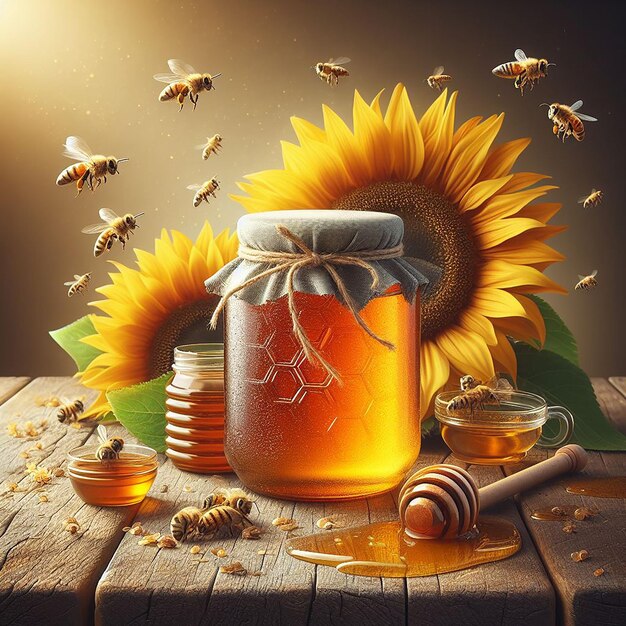 un frasco de miel con abejas volando a su alrededor y abejas a su alrededor