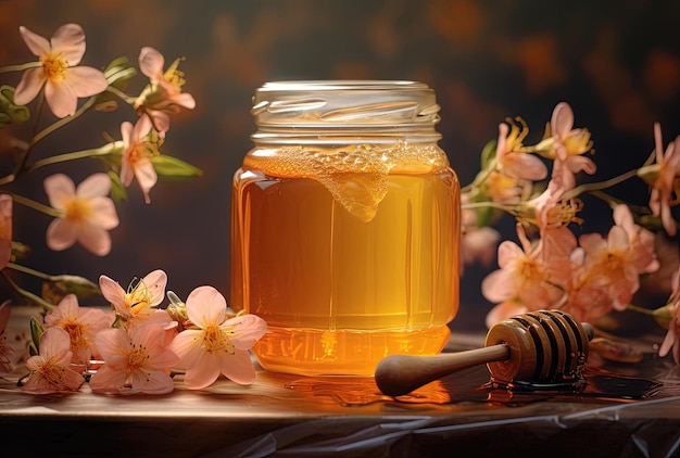 un frasco con miel y flores al estilo de emulsión ligera líquida