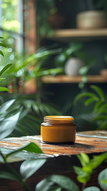 Un frasco de miel se sienta en una mesa frente a una planta en olla y una ventana con una cortina verde