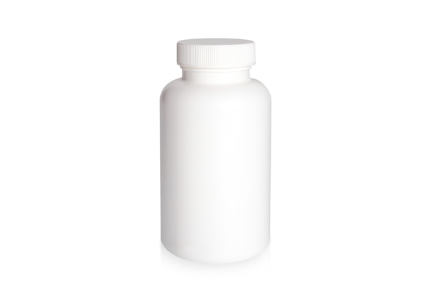 Frasco de pastillas aislado sobre fondo blanco. Envase médico blanco para medicamentos, dieta, suplementos nutricionales. Frasco de plástico blanco para pastillas. Plantilla de maqueta de embalaje.