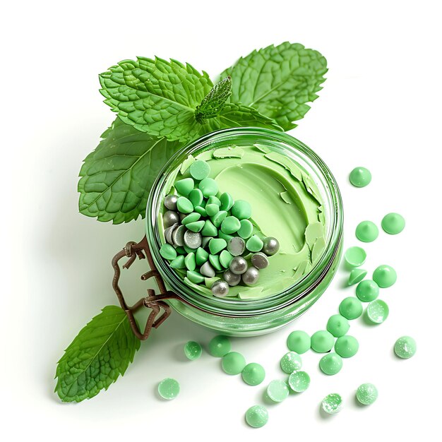 Foto un frasco de pastillas verdes con hojas verdes y una hoja verde