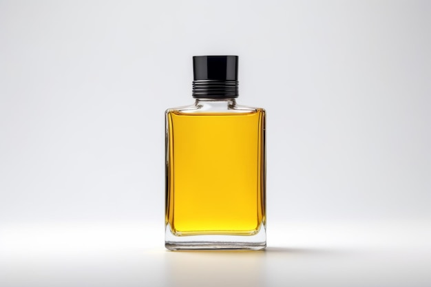 Frasco de perfume amarillo con tapa negra sobre fondo blanco.