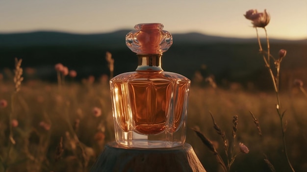 Un frasco de perfume con un atardecer de fondo