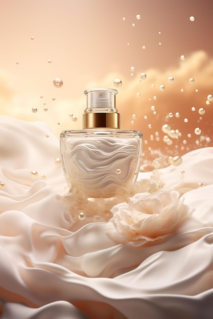 un frasco de perfume con crema al fondo