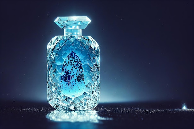 Foto frasco de perfume de cristal azul retroiluminado