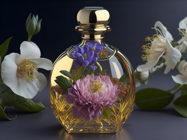 Un frasco de perfume de cristal con una buena decoración de flores.