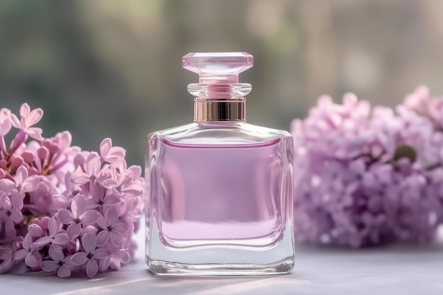 Frasco de perfume con delicada flor de lila AI generativa