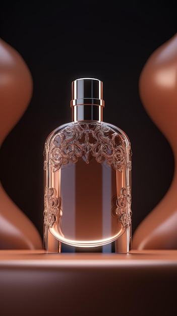 Un frasco de perfume con un diseño dorado en el fondo.