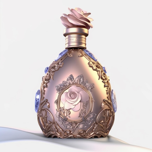 Un frasco de perfume con un diseño de rosas en el frente.