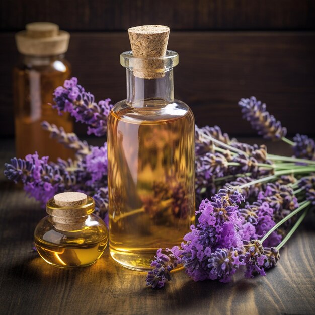 un frasco de perfume se encuentra sobre una mesa con un ramo de flores de lavanda