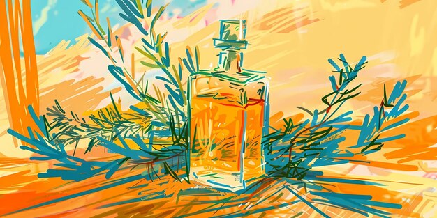 un frasco de perfume con una flor azul al fondo