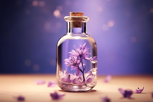 Frasco de perfume con flor morada