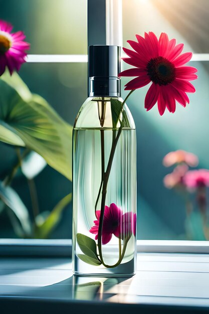 Foto frasco de perfume con flor roja sobre mesa de madera a la luz del sol