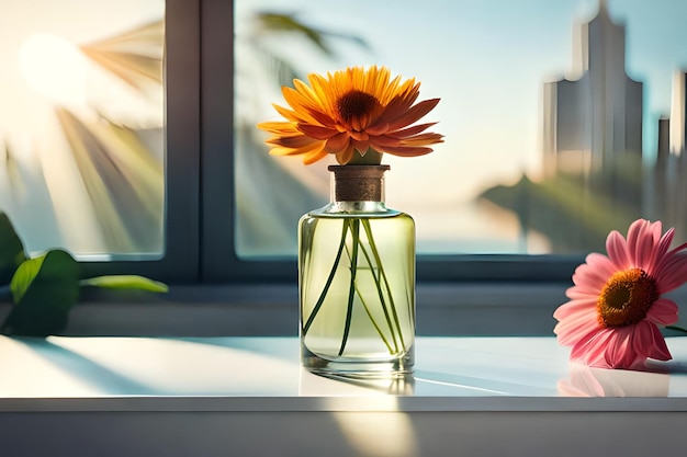 Frasco de perfume con flor roja sobre mesa de madera a la luz del sol