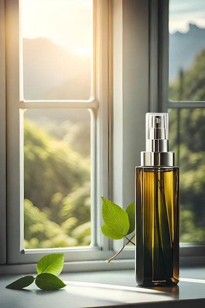 Frasco de perfume con flor roja sobre mesa de madera a la luz del sol