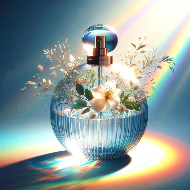 un frasco de perfume con flores al fondo