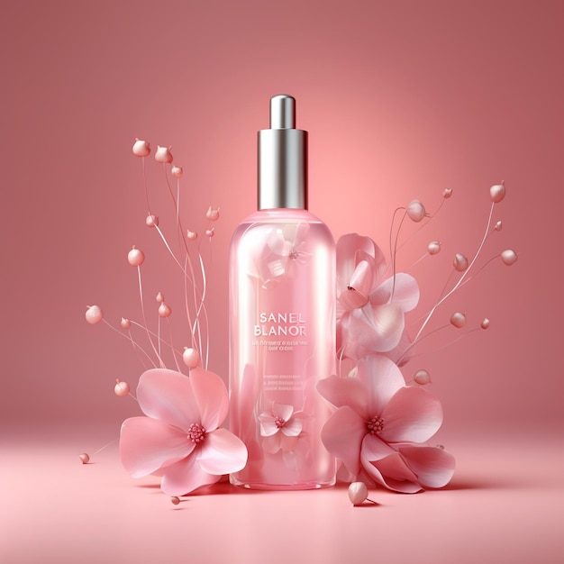 un frasco de perfume con flores y fondo rosa.