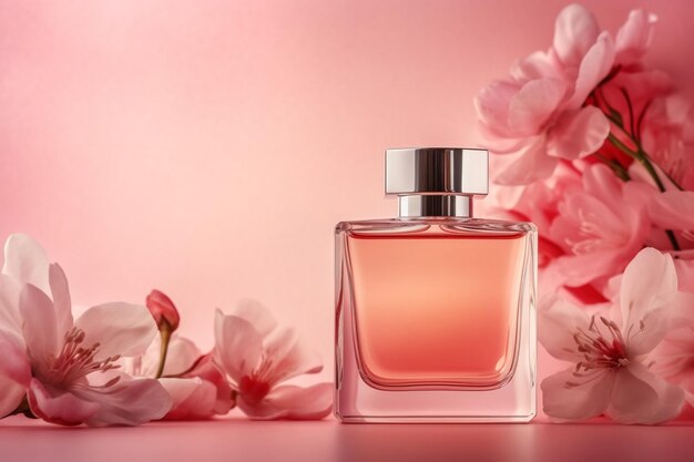 un frasco de perfume con flores sobre fondo rosa.