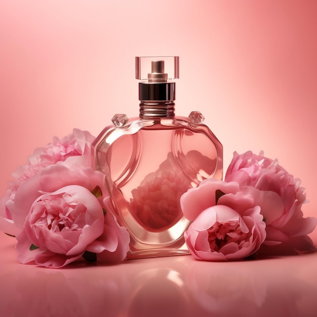 un frasco de perfume con flores sobre fondo rosa.