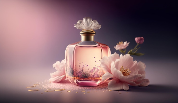 Frasco de perfume con flores sobre la mesa