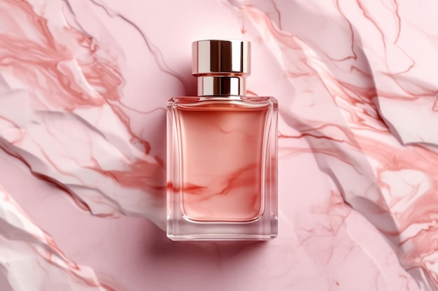 Un frasco de perfume con fondo de mármol rosa.