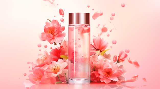 Frasco de perfume junto a flores IA generativa