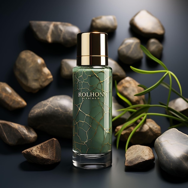 un frasco de perfume junto a rocas y hojas.