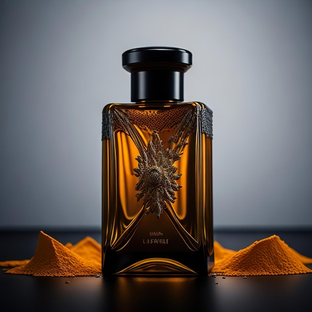 Frasco de perfume de lujo con detalles en naranja sobre un fondo oscuro