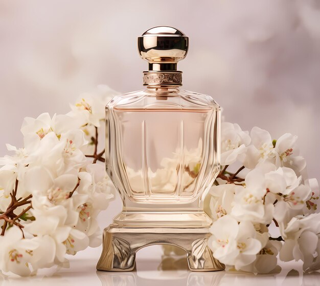 Frasco de perfume de lujo o frasco de crema rodeado de peonías de orquídeas u otras flores en el stand ai