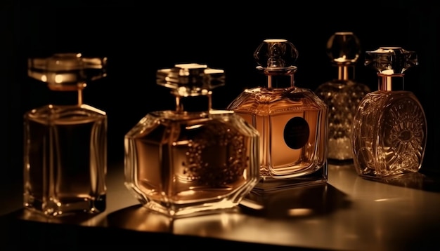 El frasco de perfume de lujo refleja la elegancia y el glamour generados por la IA