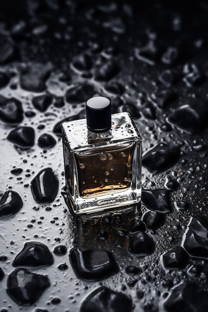 Frasco de perfume moderno de vidrio para hombres entre rocas negras bajo la lluvia fragancia e idea de perfumería ai generativo posprocesado