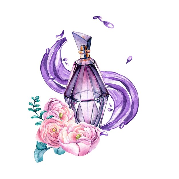 Frasco de perfume morado con ilustración de acuarela de flores aislado