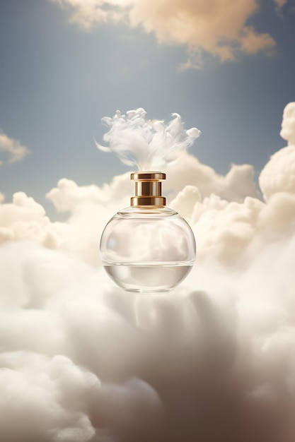 un frasco de perfume con una nube de humo al fondo