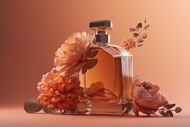 un frasco de perfume rodeado de arreglos florales