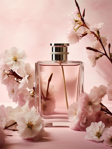 frasco de perfume rosa con cerezo en flor