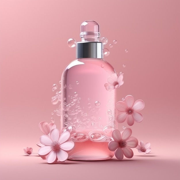 un frasco de perfume rosa con flores en el fondo.